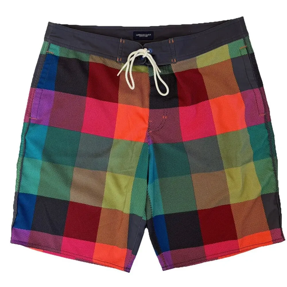 American Eagle Board Shorts Mens L Bright Multicolor Plaid Surf Swim Volleyball￼